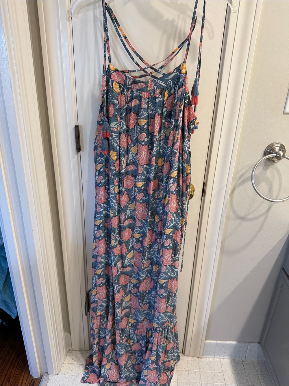 LOFT Blue Floral Maxi Dress with Pink Accents